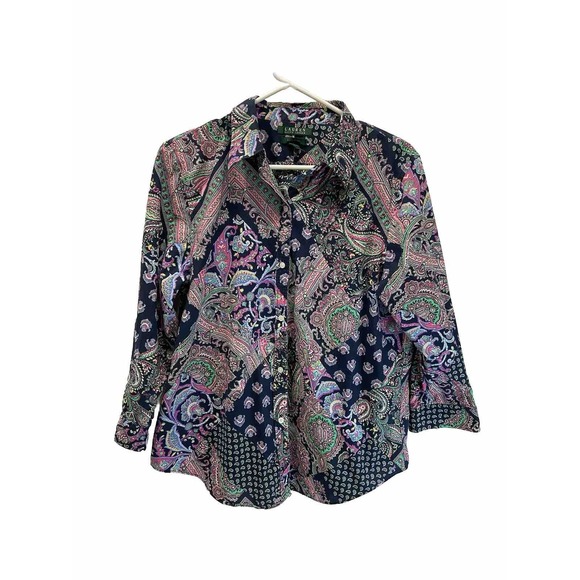 Lauren Ralph Lauren Mixed print floral/ paisley 3/4 sleeve button Size L - Picture 1 of 9